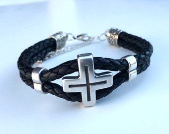 Bracelet Double Round Braided Bolo Leather with Silver Cross Bracelet Silver End Caps  Ladies Leather Bracelet Men Leather Bracelet