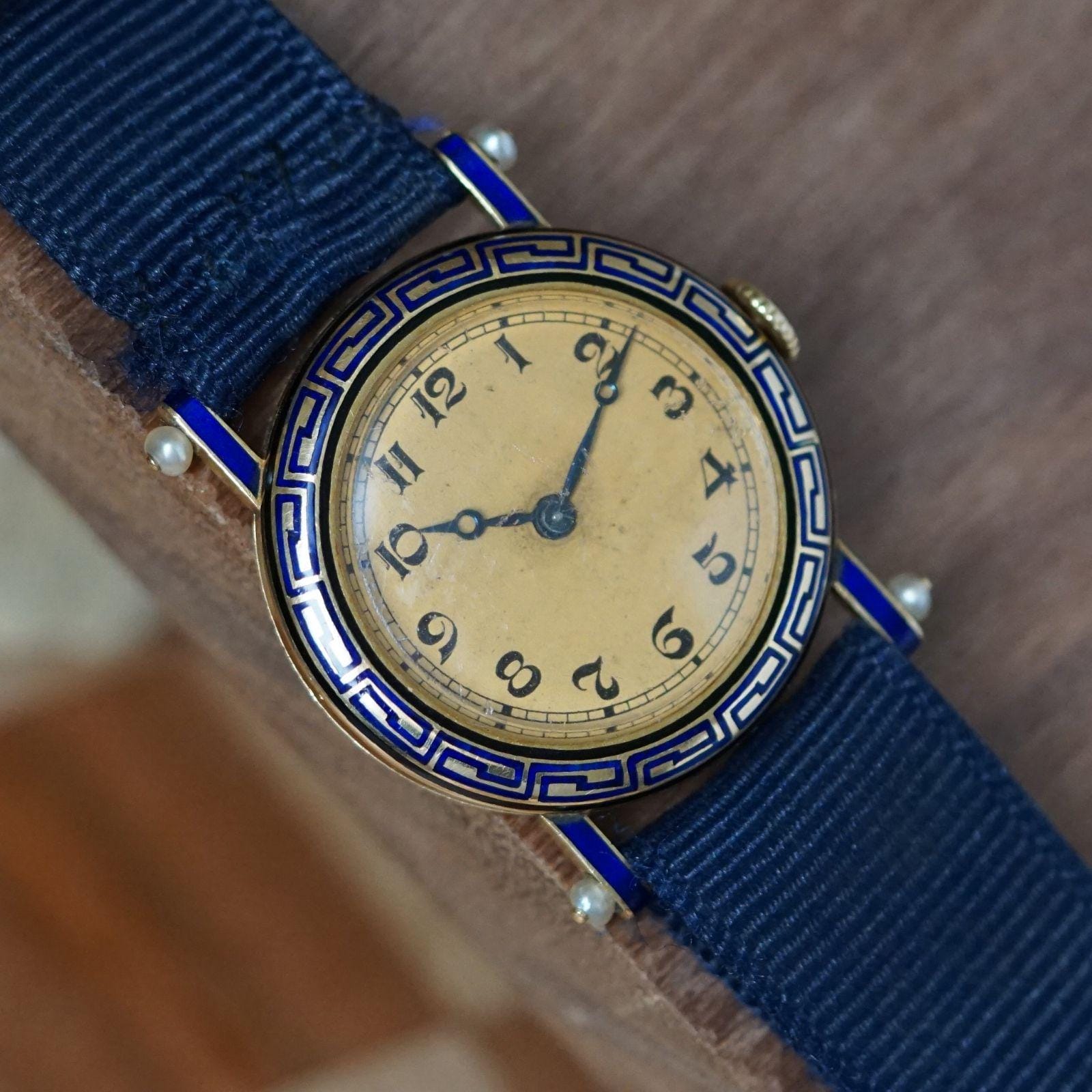 French Vintage Women's Blue Enamel Watch 18k Gold Seed Pearls