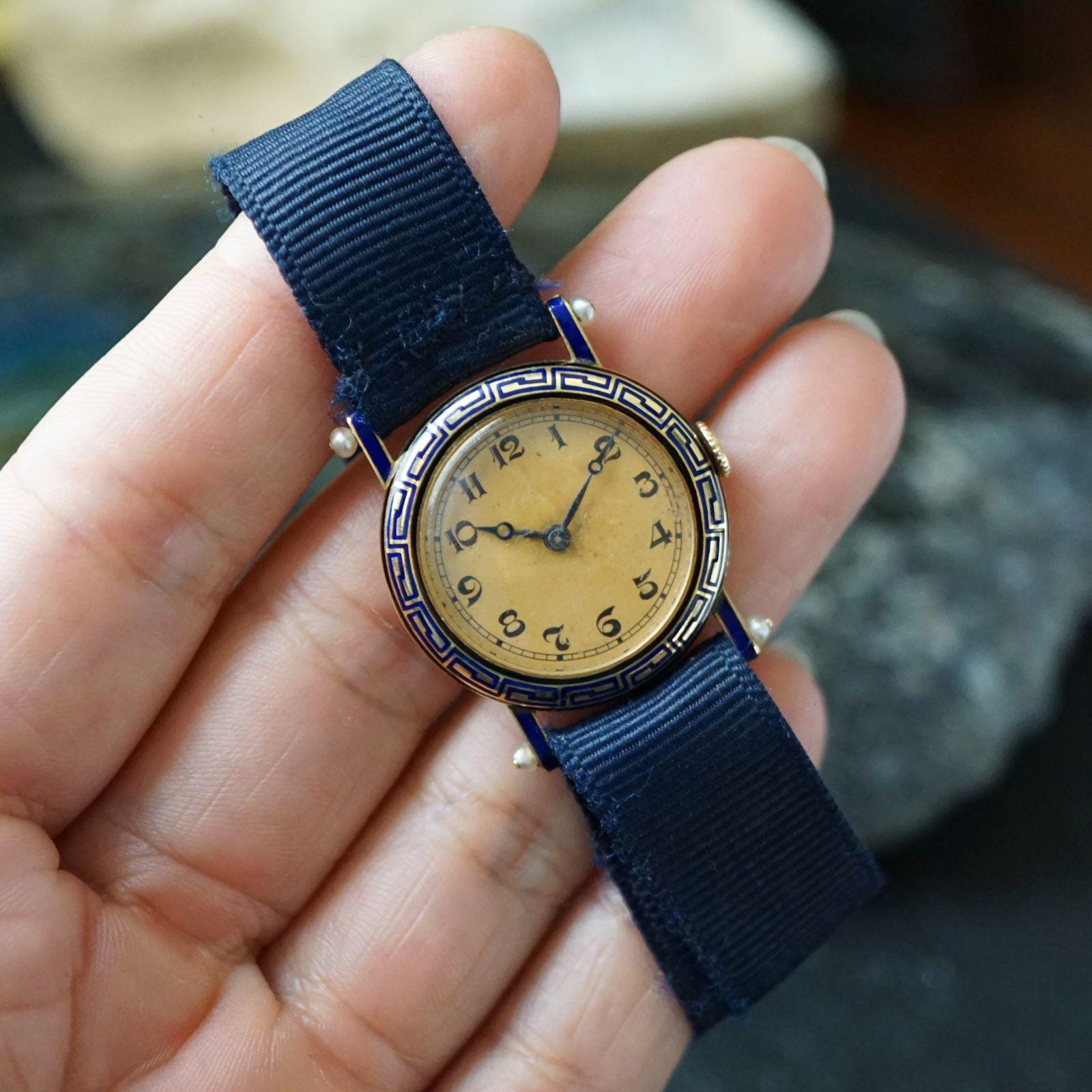French Vintage Women's Blue Enamel Watch 18k Gold Seed Pearls