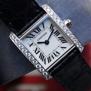 Reloj de vestir Cartier Tank Française 2403 de oro blanco de 18 k con diamantes de fábrica, década del 2000, auténtico para mujer