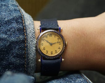 French Vintage Women's Blue Enamel Watch 18k Gold Seed Pearls