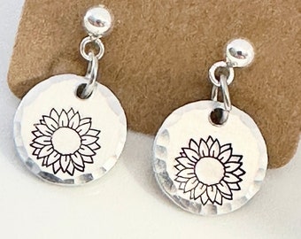 Sunflower, Flowers, Stud Earrings, Metal Stamped, Handmade, Gift for Her, Birthday Gift, Gift for Girls, Stainless Steel Studs, Just Because