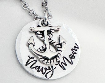 Hand Stamped Navy Mom Anchor Necklace, Military Wife Jewelry