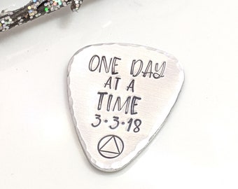 One Day at a Time - Sobriety Gift - Hand Stamped Sobriety Token - AA Anniversary Gift - Addiction Recovery Necklace - Customized Guitar Pick