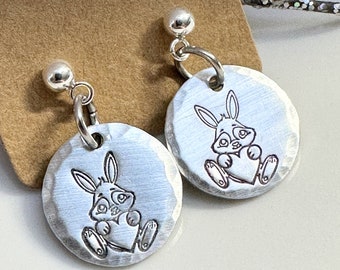 Bunny Earrings, Gift for Her, Metal Stamped, Gift for Girl, Easter gift, Spring Earrings, Rabbit Earrings