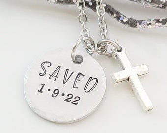 Saved, Baptism Necklace, Baptism Gift Boy, Baptism Gift Girl, Personalized Date, Custom Baptism Gift, Cross, Metal Stamped, Inspiration