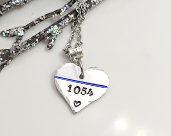 SALE - Thin Blue Line - Heart Jewelry - Gift for Her - Personalized Badge Number - Mother's Day - Hero Gift - Police Wife