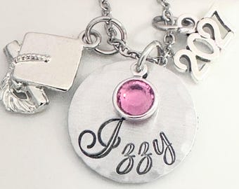 Personalized Graduation Jewelry, Hand Stamped Name, Birthstone, 2027 Charm (Class of 2027)