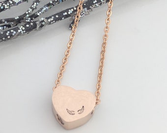 Rose Gold Heart Urn -  Cremation Jewelry - Ashes Necklace - Angel Wing Keepsake - Sympathy Gift - Hand Stamped