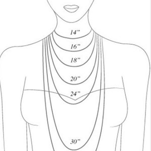 May include: Illustration showing necklace lengths from 14" to 33" (35.56 cm to 83.82 cm) on a person. The text "NECKLACE LENGTH (IN INCHES)" is at the top. The image is a guide for necklace sizing.