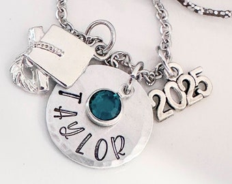 Personalized Graduation Necklace, Hand Stamped Name, Cap Charm, Birthstone (2026)
