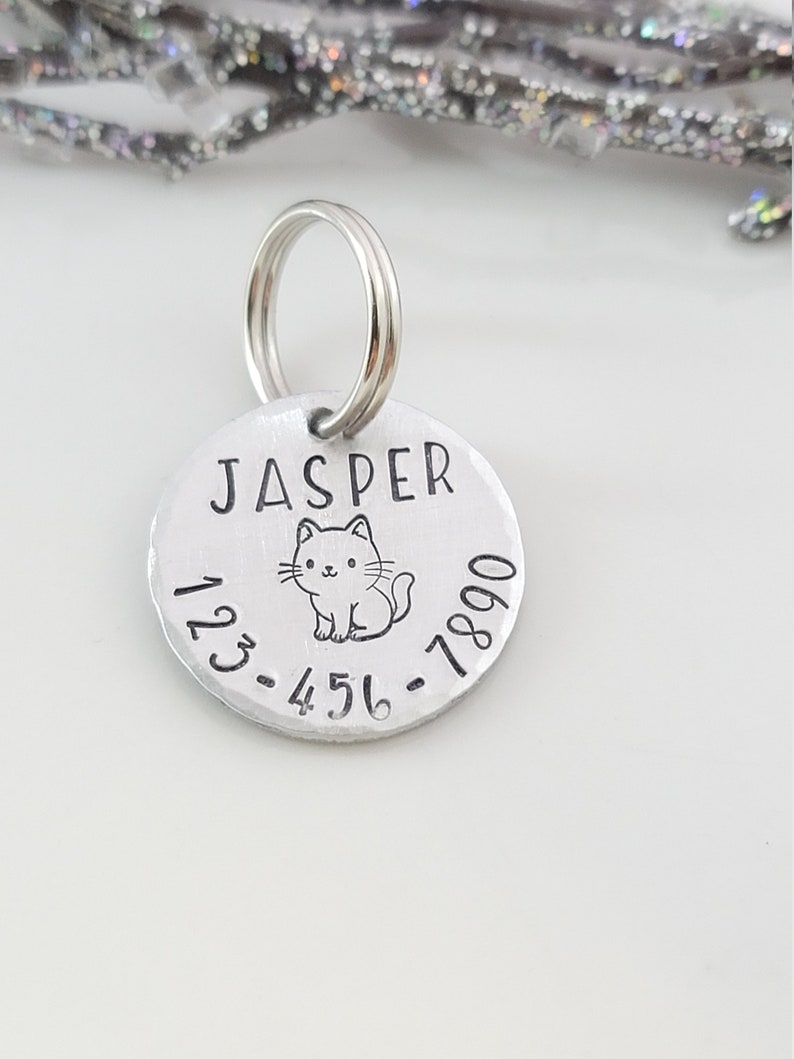 May include: Silver pet ID tag with a cat illustration and the name "Jasper" engraved on it. The tag also includes the phone number 123-456-7890.