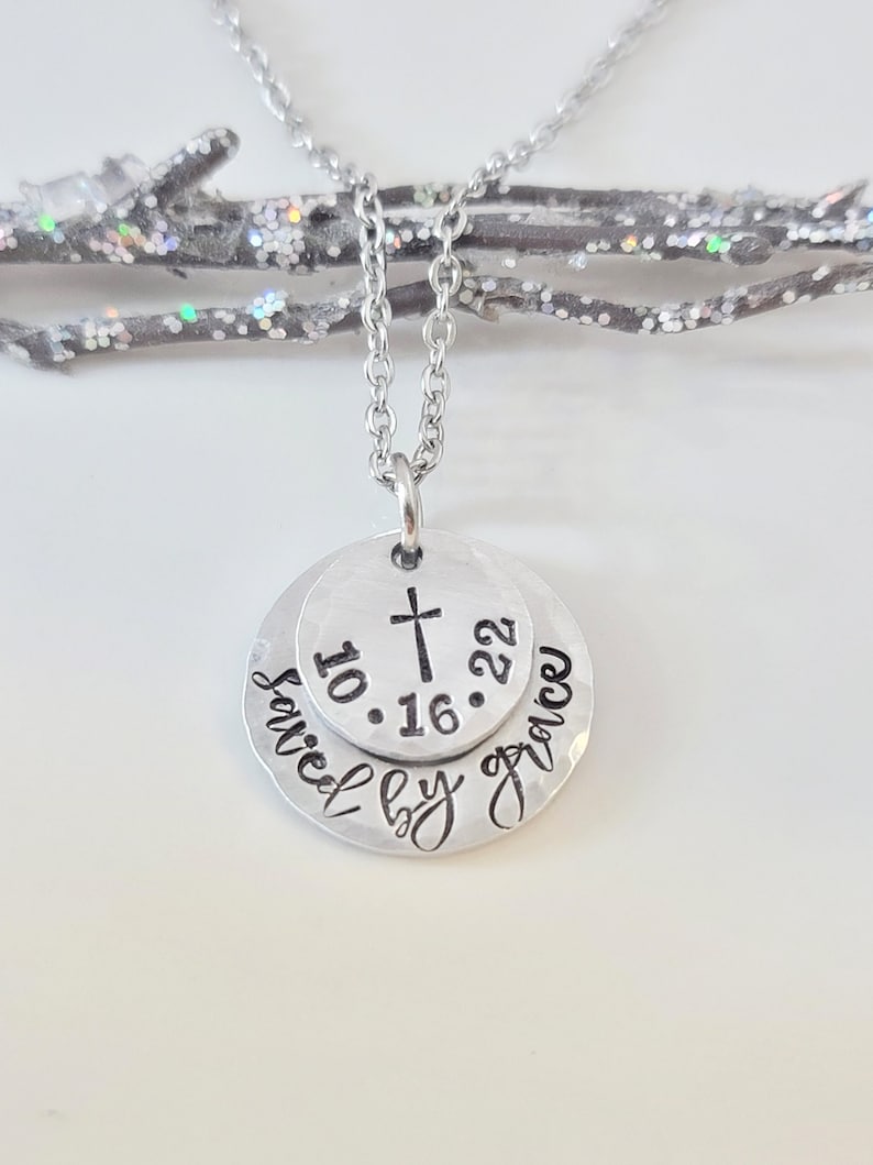 Saved By Grace, Baptism Necklace, Religious Jewelry, Gift for Her, Personalized Date, Faith Jewelry, Teen Baptism, Layered Jewelry, Handmade Bild 1