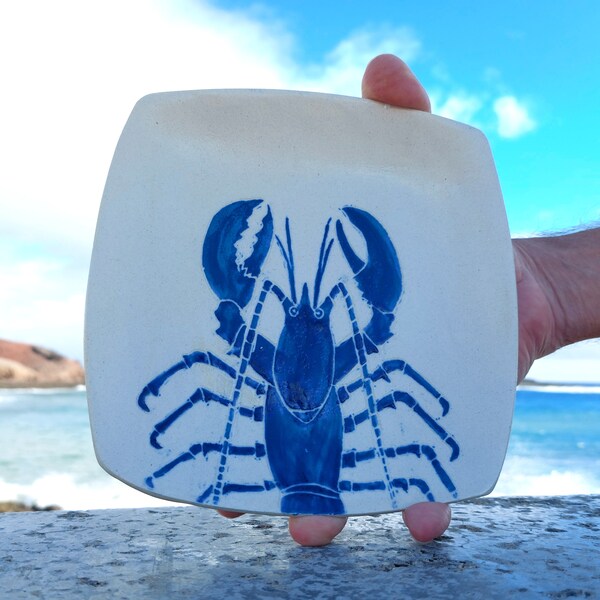 Handmade sushi plate with lobster décor for nature lovers by Mirjam Ruecke Ceramics