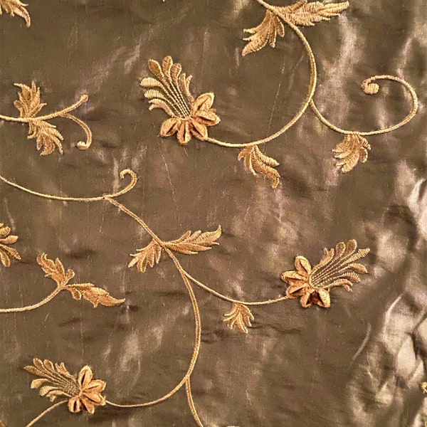 Vintage Embroidered Taffeta Fabric, 106" Length, Rich Brass Color, Home Decor or Cosplay Fabric