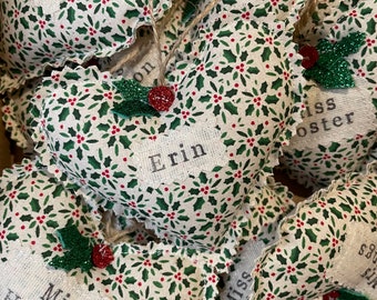 Individual personalised vintage fabric hanging hearts, teacher gifts, Christmas table favours