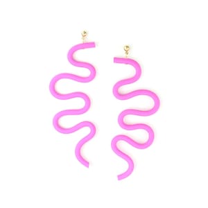 Hot-Pink Tube Squiggle dangly earrings in small | hand-made, lightweight, fun and funky polymer clay statement jewelry | gift for her