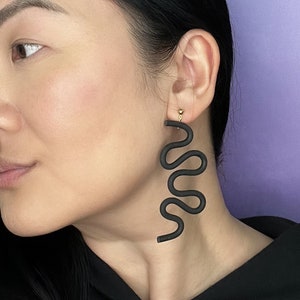 Black Tube Squiggle dangly earrings in small | hand-made, lightweight, fun and funky polymer clay statement jewelry | gift for her
