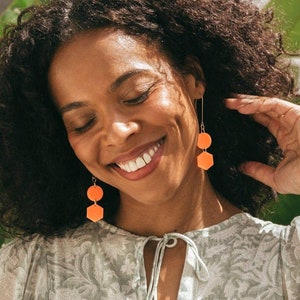 Neon Orange dangly geometric elongated earrings | hand-made, light-weight earrings made in NYC