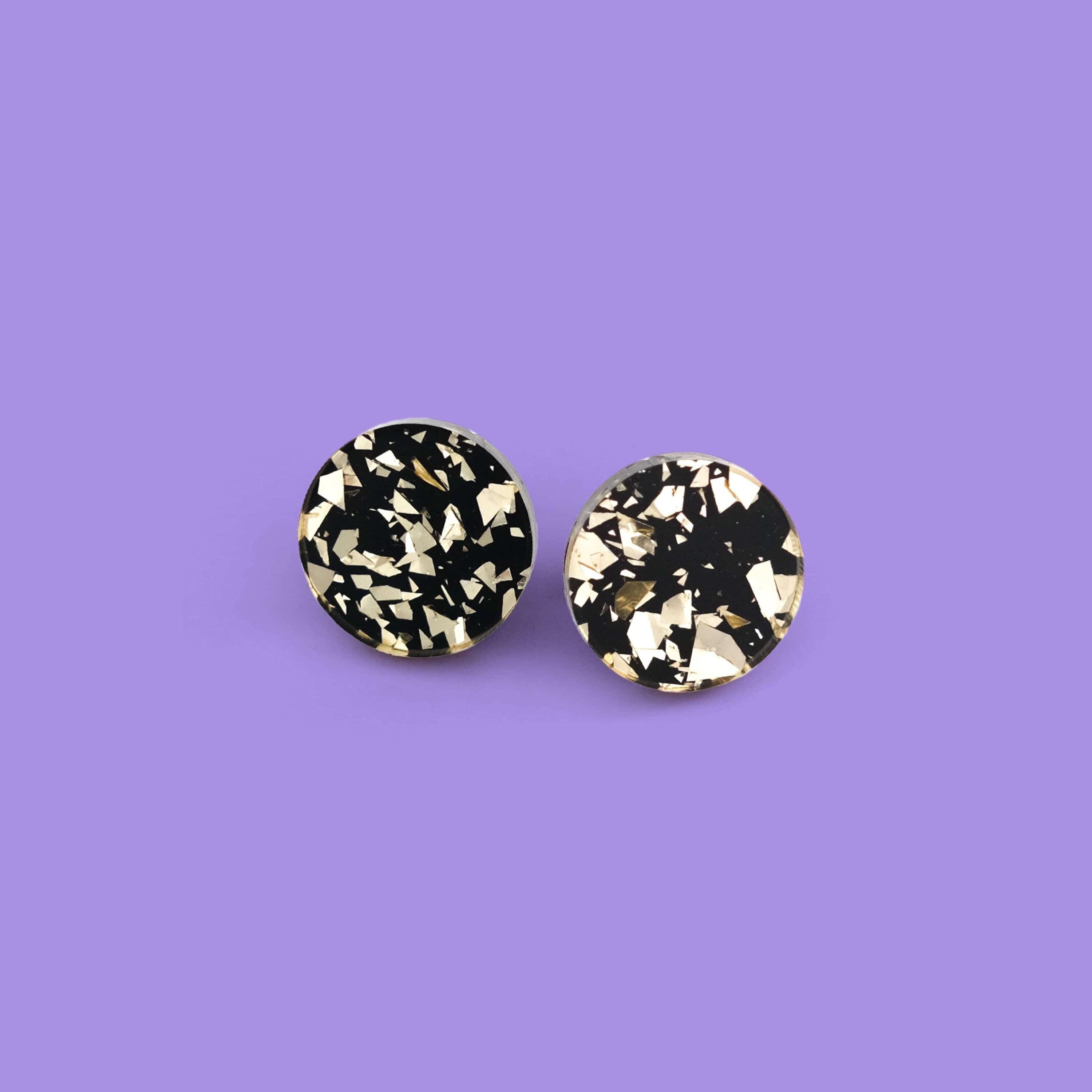 Black and Gold Glitter Small Round Studs | lightweight, glam, glitzy, fun dainty laser cut jewelry | gift for her