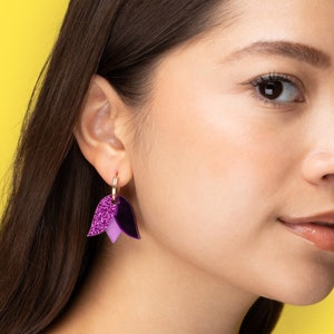 Purple Tulip flower dangly gold-filled hoop earrings | cute, fun and elegant, light weight, hand-made acrylic flower earrings from NYC