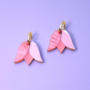Pink Tulip flower dangly gold-filled hoop earrings | cute, fun and elegant, light weight, hand-made acrylic flower earrings from NYC