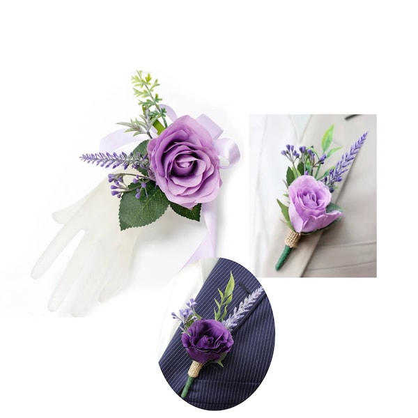 Boutonniere or corsage-Rustic boho rose lavender boutonniere prom beach homecoming