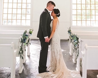 Aisle maker pew chair lantern flower RENTAL or purchasing- Shades of blue dusty hydrangea rose silver dollar