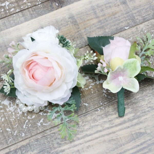 keepsake Wrist corsage boutonniere-soft blush ivory cream artificial rustic boho farmhouse natural style