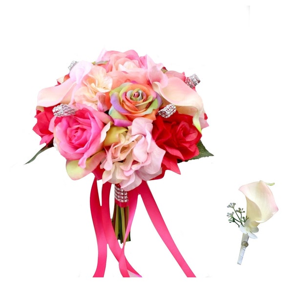 Set of Bouquet and Boutonniere-Prom wedding shades of pinks keepsake artificial flowers