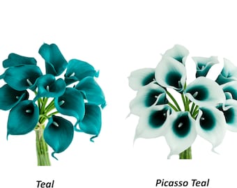 Pack of 10 Stems- Quality Real touch Calla lily Picasso Solid Gem green Teal