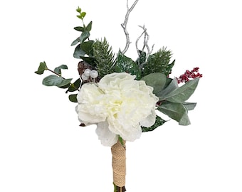 Winter wonderland snowy Bouquet-Bridesmaid Christmas White wedding Peony Pine cone berry lamb's ear metallic silver branch burlap