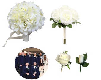 Build Wedding package-Ivory artificial rose bouquet corsage boutonniere wedding flowers bridal bridesmaid groomsmen prom homecoming