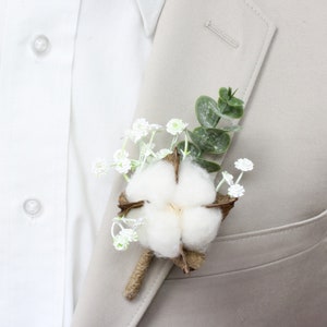 Boutonniere-Cotton Rustic frosted baby breath eucalyptus twine wrapped stem-pin included