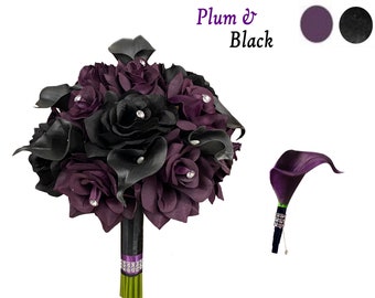Bouquet or Boutonniere: Plum Black theme rose calla lily artificial keepsake flowers wedding events
