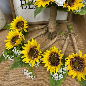 Premium quality large bloom sunflower rose baby breath bouquet boutonniere burlap twine rustic wedding outdoor flowers