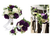 Bouquet Corsage Boutonniere Pew Flowers Shades of Purple Cream White Greenery
