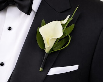 Real touch Calla Lily Boutonniere-Choose ribbon Color-keepsake artificial soft touch Calla lily with natural fillers, pin included