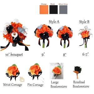 Build your wedding package-Keepsake Artificial rose calla lily Bouquet Corsage Boutonniere Orange Black Silver-Pick style and Ribbon colors