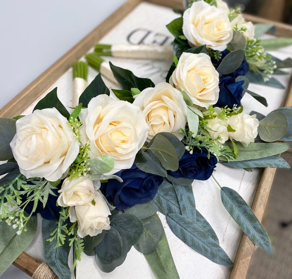 Champagne and Navy Blue Roses With Silver Dollar Eucalyptus Rustic Chic  Wedding Bouquet, Corsage, Boutonniere Flower Crown 