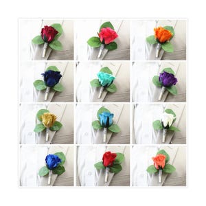 May include: Twelve different colored rose boutonnières, each with a single rose and green leaves, displayed on a white background.