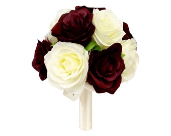 8" Bouquet-Deep Wine with cream or white artificial hand crafted nice quality rose bouquet