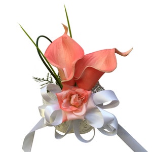 Wrist Corsage - Coral Calla Lily with Greenery *Pick Ribbon Color*