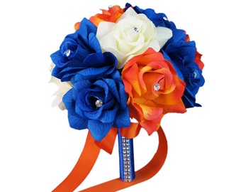 8" Wedding Bouquet - Ivory, Royal Blue, Orange Artificial Rose Bouquet