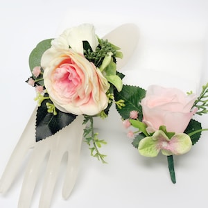 Corsage Boutonniere Artificial rose hydrangea baby breath pink blush fern Eucalyptus lambs ear