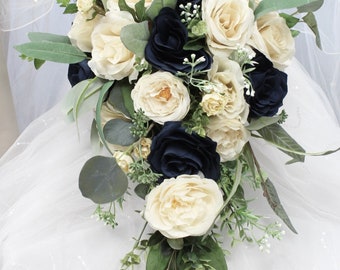 Champagne and Navy Blue Roses With Silver Dollar Eucalyptus Rustic Chic  Wedding Bouquet, Corsage, Boutonniere Flower Crown 