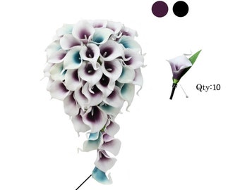 Elegant Black and Plum wedding colors real touch calla lily cascade bridal bouquet boutonnieres pin included