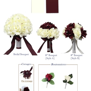 Build wedding package-Wine deep burgundy Ivory artificial roses rhinestone bling accent your choice of ribbon color