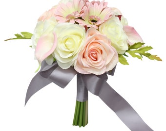 Bouquet- véritable touche de lys calla, marguerite avec fleurs en soie-bouquet souvenir artificiel toute la saison rose poudré crème