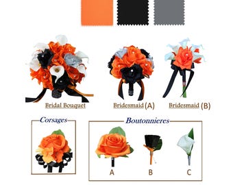 Build your wedding package-Keepsake Artificial rose calla lily Bouquet Corsage Boutonniere Orange Black Gray-Pick style and Ribbon colors